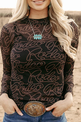 Western Rodeo Printed Long Sleeve Mesh Top