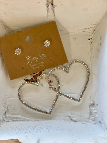 SILVER CRYSTAL HEARTS ON CHAIN EARRINGS